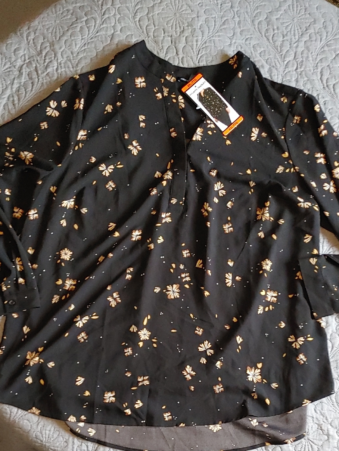 Hilary Radley Black Floral Long-Sleeve Women's Blouse Sz Xxl